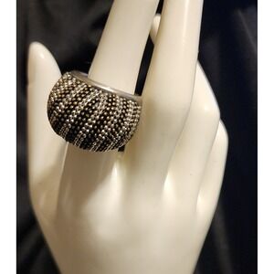 Two Tone Beaded Dome Statement Ring Silver Gold Textured Wide Band Size 6.25